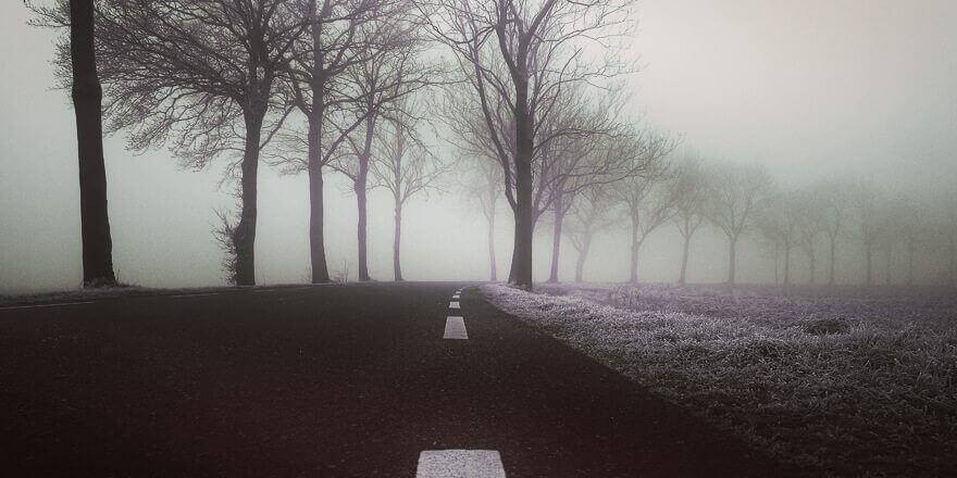  A dark road with fog and snow. 